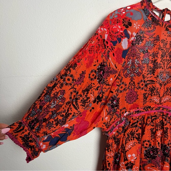 Free People Nouveau Floral Print High Neck Mini Dress Orange Red XS (No Slip) - Picture 5 of 13